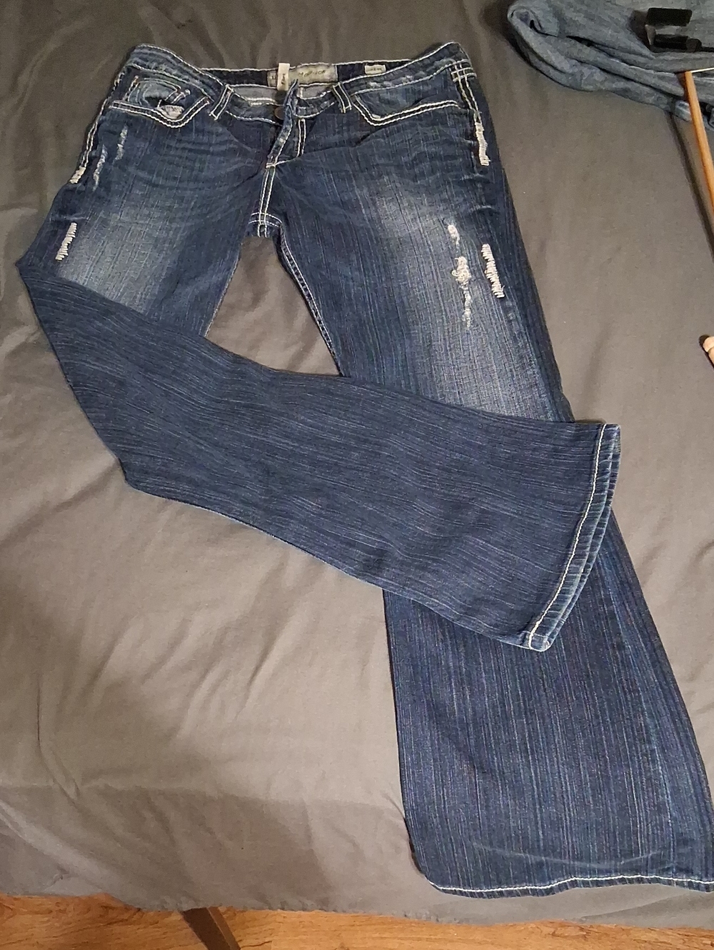 BKE Women's Dark Blue Flare Jeans with Distressed Detailing